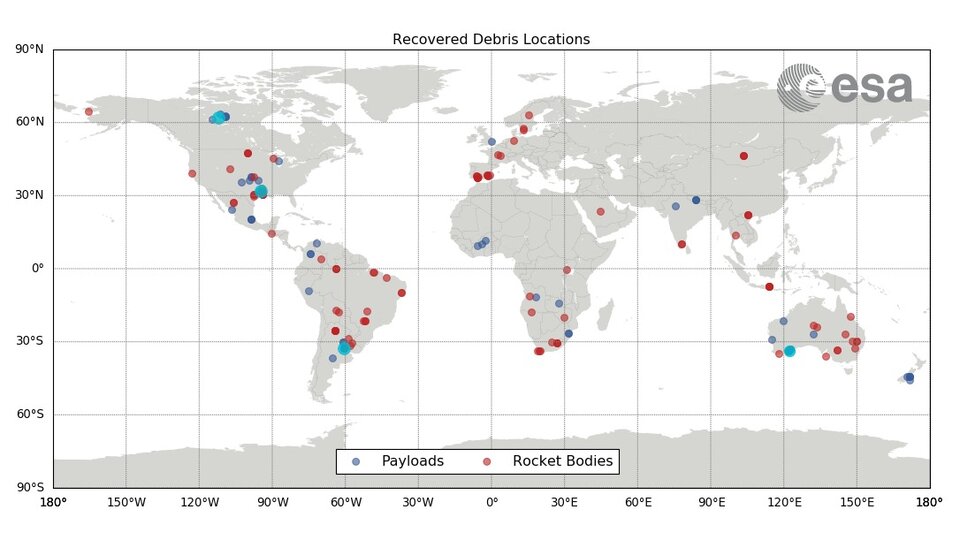 Map of recovered debris locations on land.