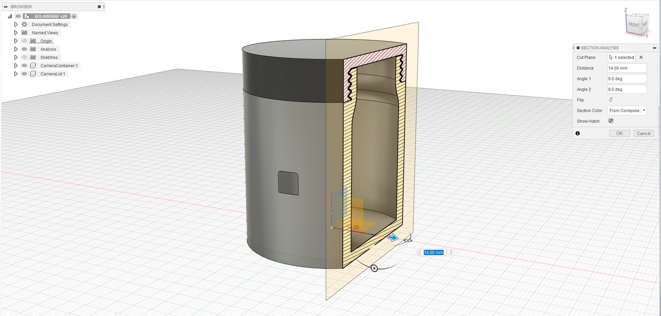 Przekrój solarigrafu w kształcie walca (program Fusion 360)