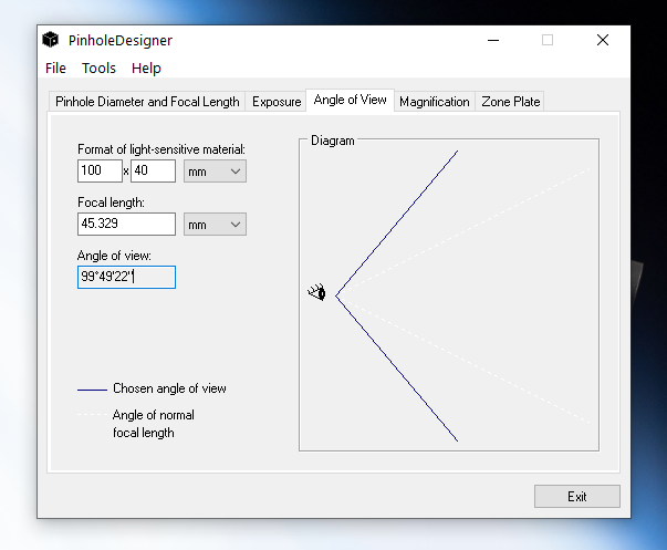 Screenshot z programu Pinhole Designer (kąt widzenia)